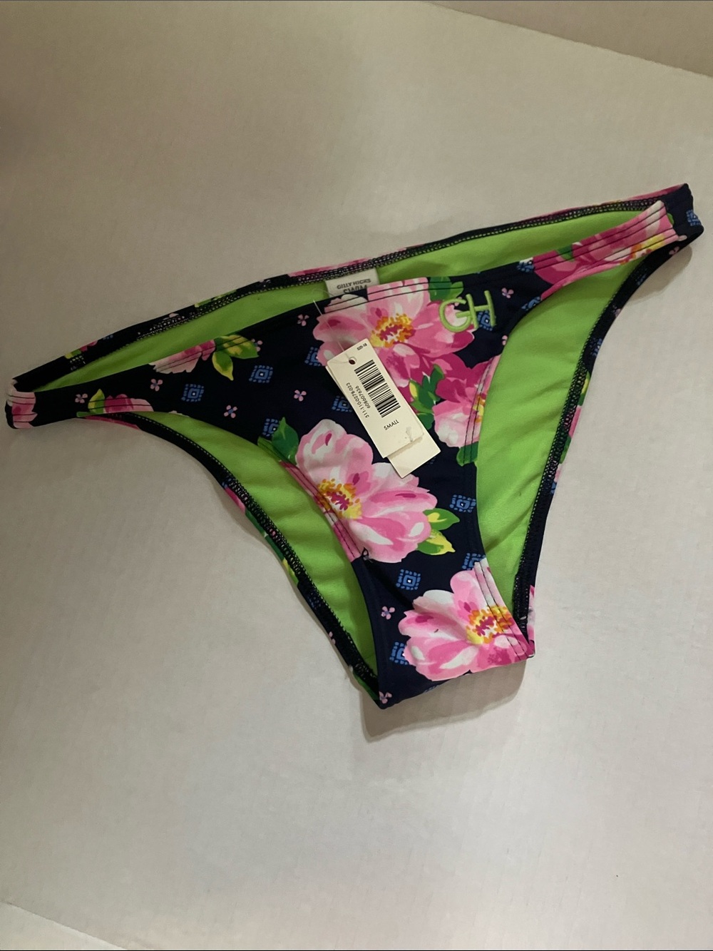 Women’s Floral Bikini Bottoms in Navy & Pink with Lime Lining